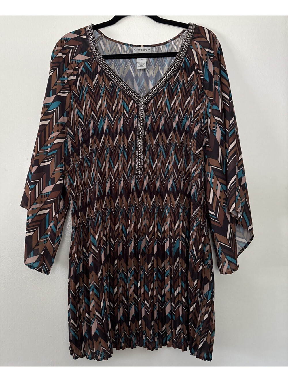 Catherines 3X 26/28W Top Colorful Tunic 3/4 Sleeve Beaded Pleated Cottagecore